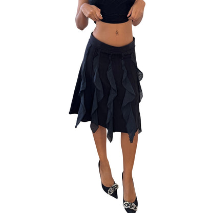 Vintage Cop Copine Euro Y2K Black Ruffle Panel Midi Skirt (Small)
