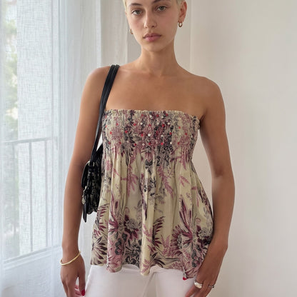 Vintage Floral Sequin Smocked Bandeau Babydoll Top Euro Y2K (S/M)
