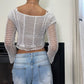 Sourced in Italy - Vintage 90s white sheer crochet long sleeves top XS/S cropped