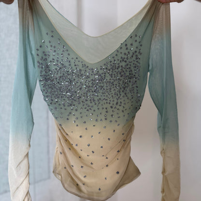 Italian vintage Y2K pale blue and ivory sequin embellished layered sheer mesh long sleeve top with ruched sleeves