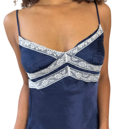 Vintage Benetton navy satin lace trim cami top (Small)