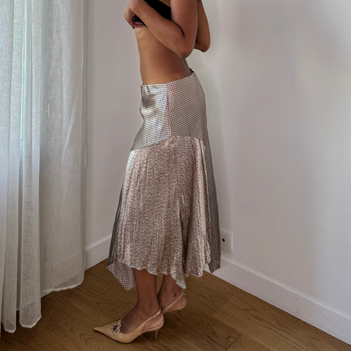 Vintage Italian Polka Dot Satin Asymmetric Midi Skirt (S)