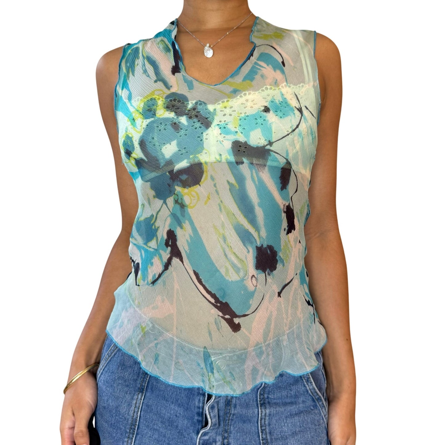 Vintage Print Sheer Mesh Top (S)