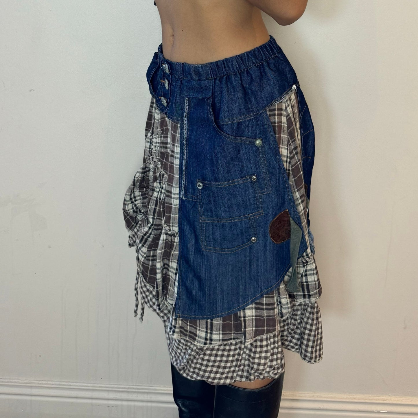 Vintage 00s plaid midi skirt with denim waistband and back (XS/S)