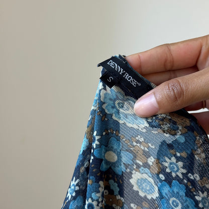 Denny Rose Blue Floral Mesh Ruffle Top (XS/S)