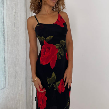 Italian vintage black & red rose print mesh midi slip dress with spaghetti straps