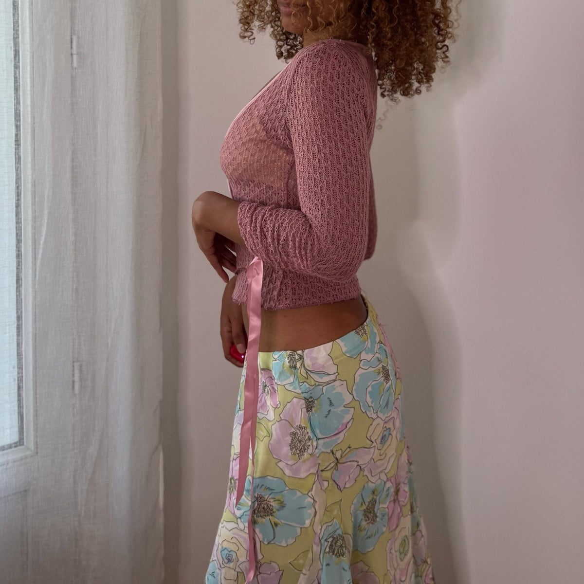 Vintage dusty pink openwork knit wrap cardigan with side ties, ruched sleeves & cropped fit