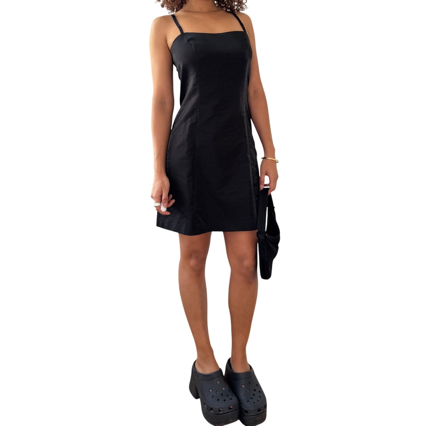 Vintage Black Slip Mini Dress Satin Feel Adjustable Straps Open Back Y2K Made in Italy (XS/S) ⠀