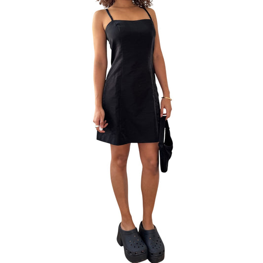 Vintage Black Slip Mini Dress Satin Feel Adjustable Straps Open Back Y2K Made in Italy (XS/S) ⠀