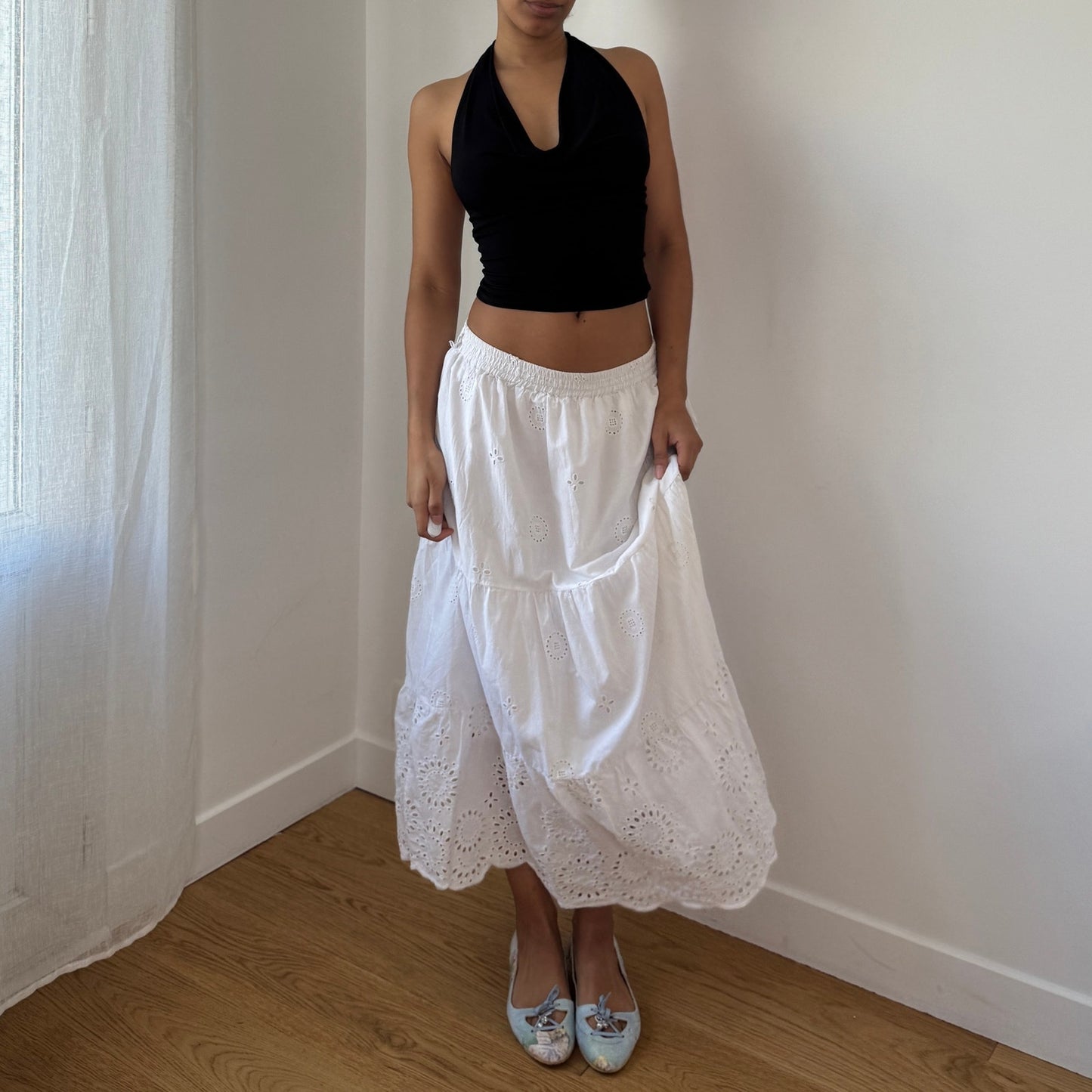 Vintage White Cotton Eyelet Broderie Maxi Skirt Elastic Waist Y2K Italian (S)