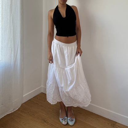 Vintage White Cotton Eyelet Broderie Maxi Skirt Elastic Waist Y2K Italian (S)