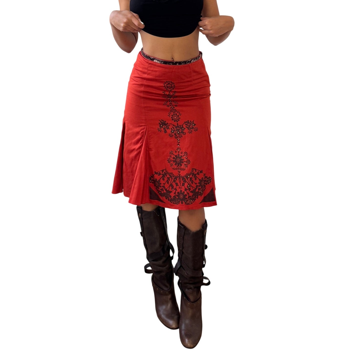 Euro Vintage French Red/Orange Printed Midi Skirt (XS)