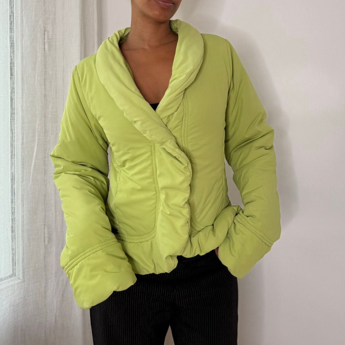 Italian vintage lime green padded jacket with oversized shawl collar