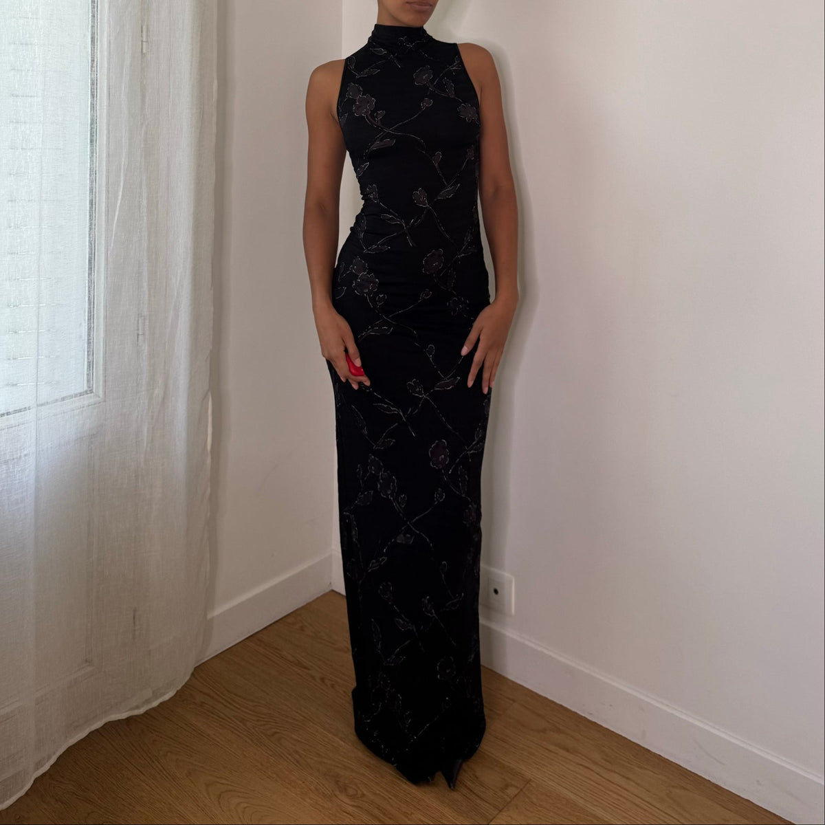 Italian vintage black floral print slinky maxi dress with high neck, open back & back slit