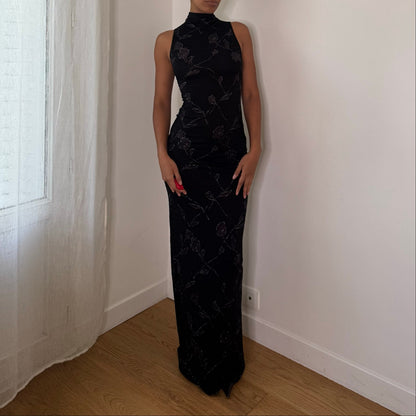 Italian vintage black floral print slinky maxi dress with high neck, open back & back slit