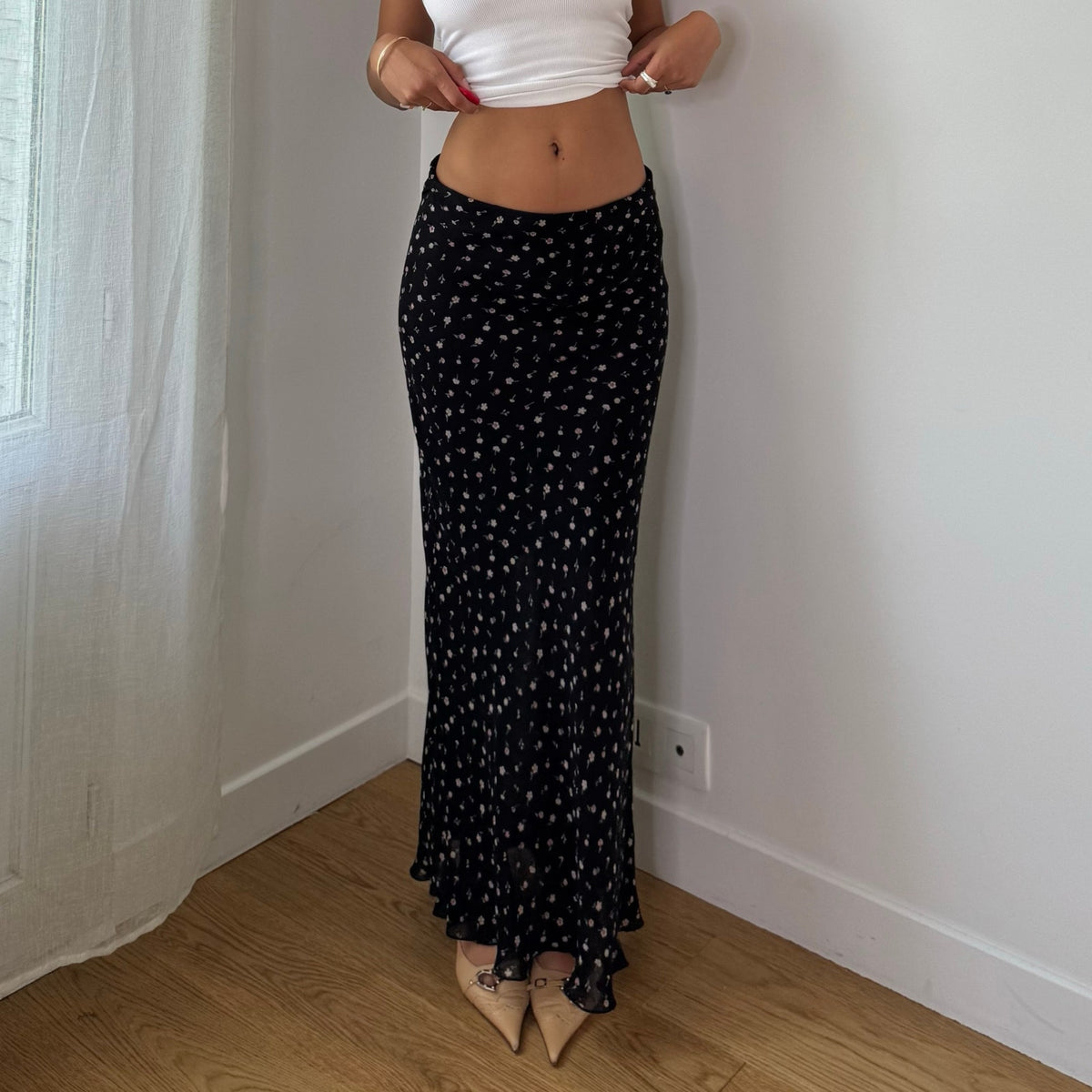 Vintage Black Ditsy Floral Mesh Maxi Skirt Double Layer Viscose Y2K (S)