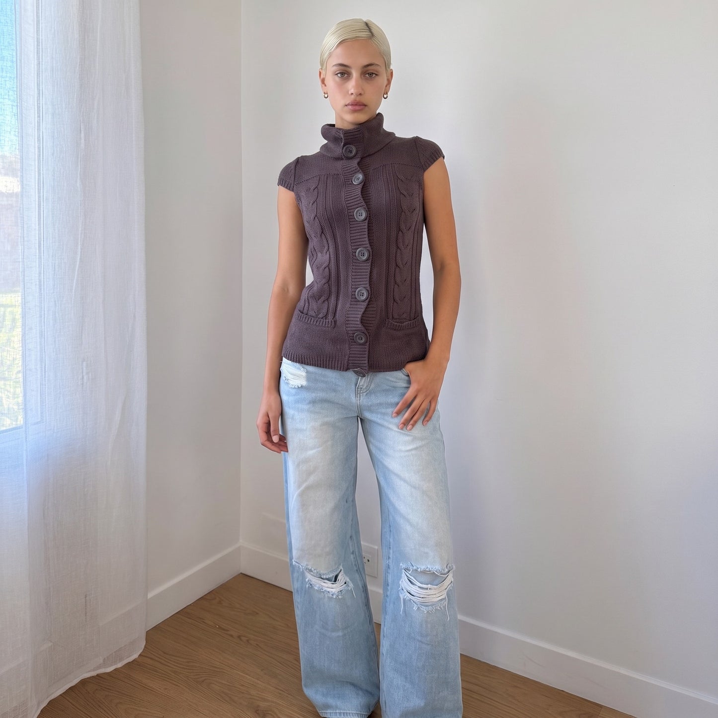 Vintage French Brown Cable Knit Button Front Vest Y2K (S)