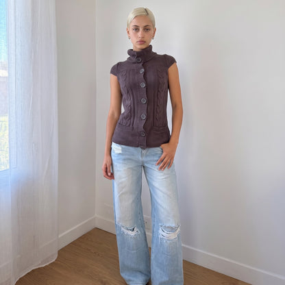 Vintage French Brown Cable Knit Button Front Vest Y2K (S)