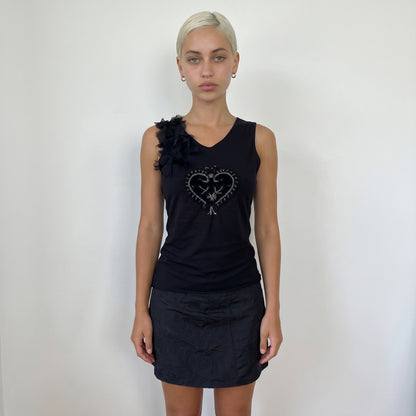 Vintage Italian Black Beaded Heart Top Sequin Embellished Y2K Sleeveless (M)