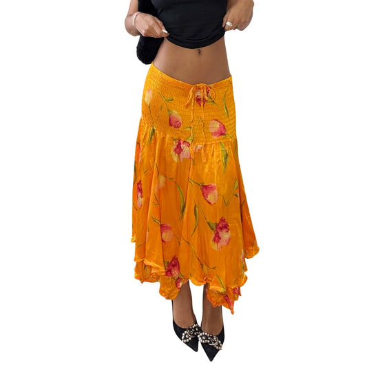 Vintage Italian Orange Floral Midi Skirt Convertible Strapless Dress (S/M)