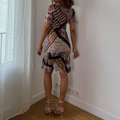 Vintage Brown Abstract Mesh Midi Dress Smocked Tie Front Ruffle Hem Italian Y2K (S/M)