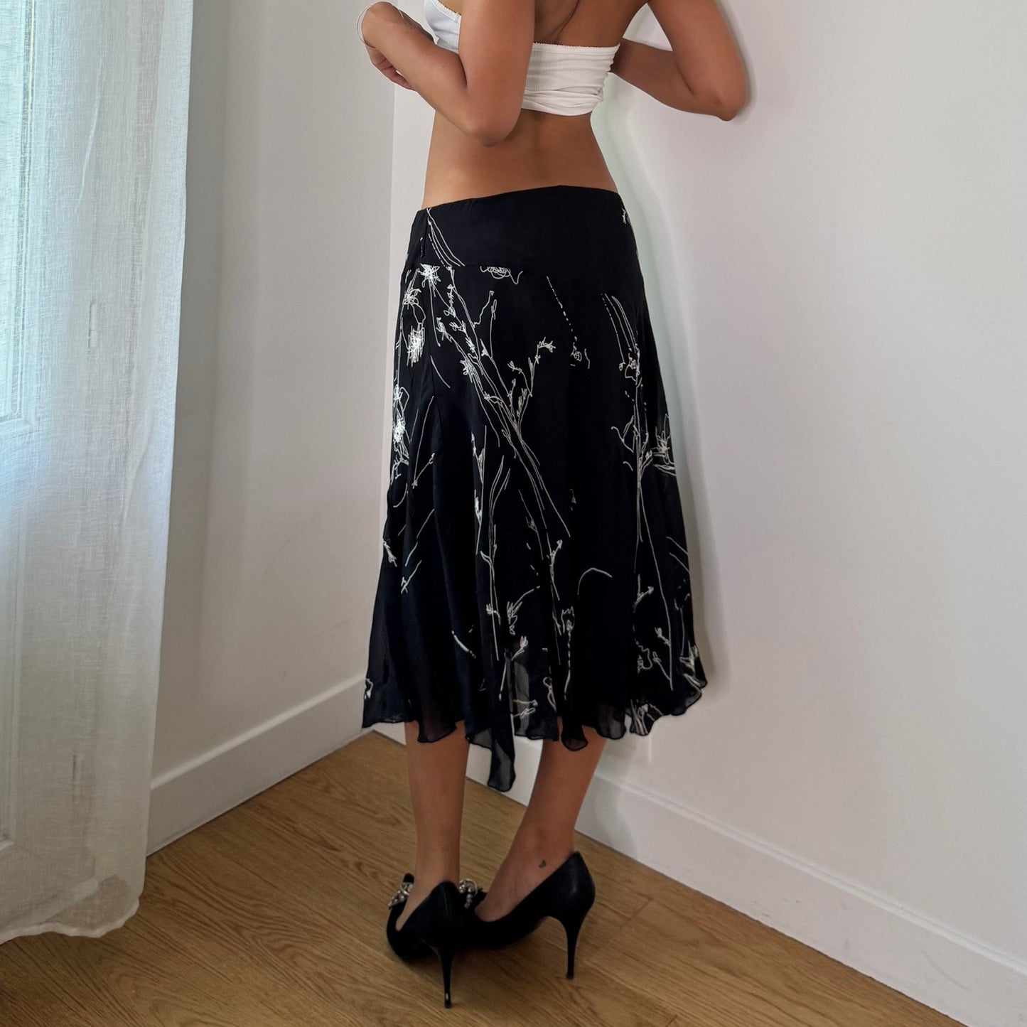 Vintage Black White Abstract Mesh Midi Skirt Italian Y2K (S/M)