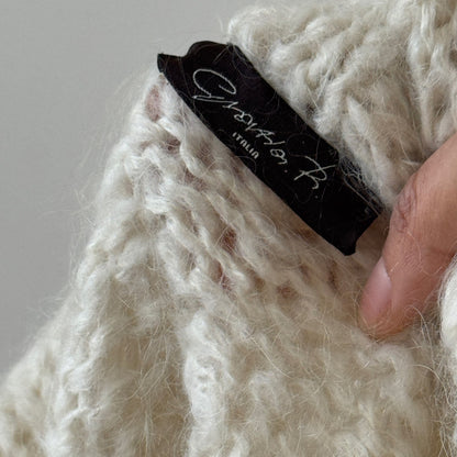 Vintage Cream Mohair Blend Floral Embroidered Chunky Knit Cardigan Made in Italy (S)
