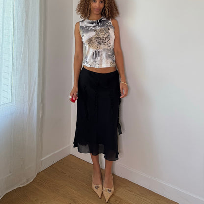 Vintage Grey Black Leopard Mesh Tank Top Animal Print Euro Y2K (S)