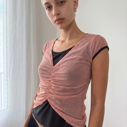Vintage Layered Pink Mesh Ruched Top Sheer Italian Y2K (S)
