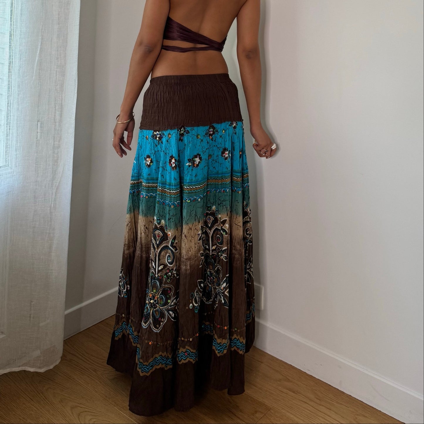 Vintage Brown Blue Sequin Boho Maxi Skirt Euro Y2K (XS/S)