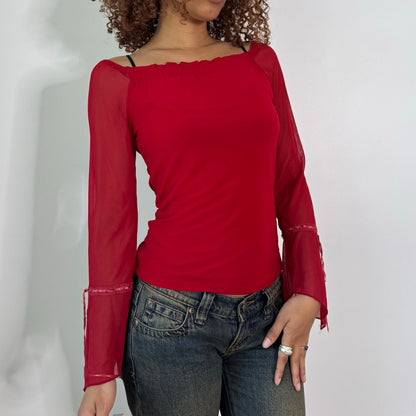Vintage Red Burgundy Sheer Mesh Bell Sleeve Top Italian Y2K (S/M)