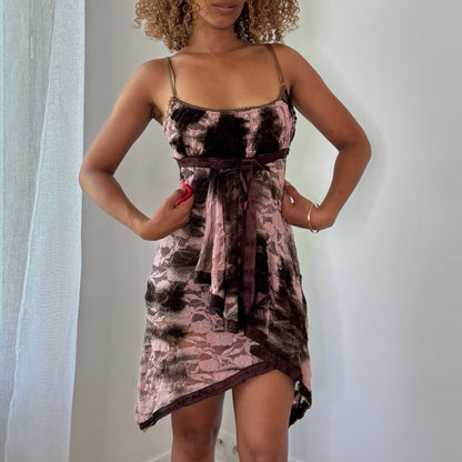 Vintage Brown Pink Floral Lace/Mesh Mini Dress Handkerchief Hem French Y2K (S)