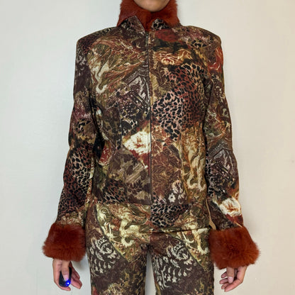 Copied - Vintage euro animal & floral prints matching pants and jacket set with fur trim