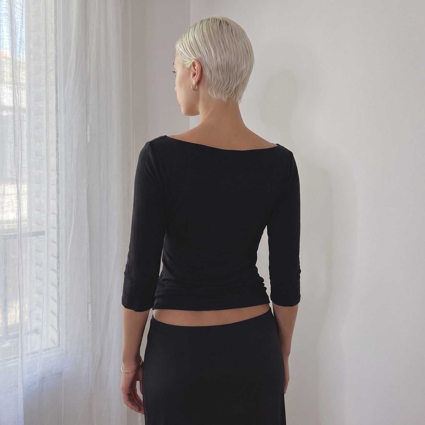 Vintage Black Off Shoulder Buckle Top Slinky Y2K (S/M)