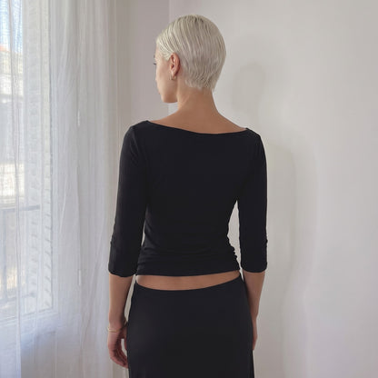 Vintage Black Off Shoulder Buckle Top Slinky Y2K (S/M)