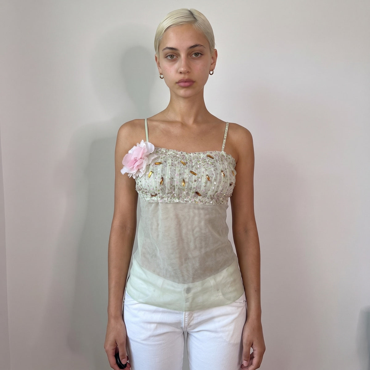 Vintage Mint Green Beaded Mesh Cami Top Floral Appliqué Deadstock Italian Y2K (S)