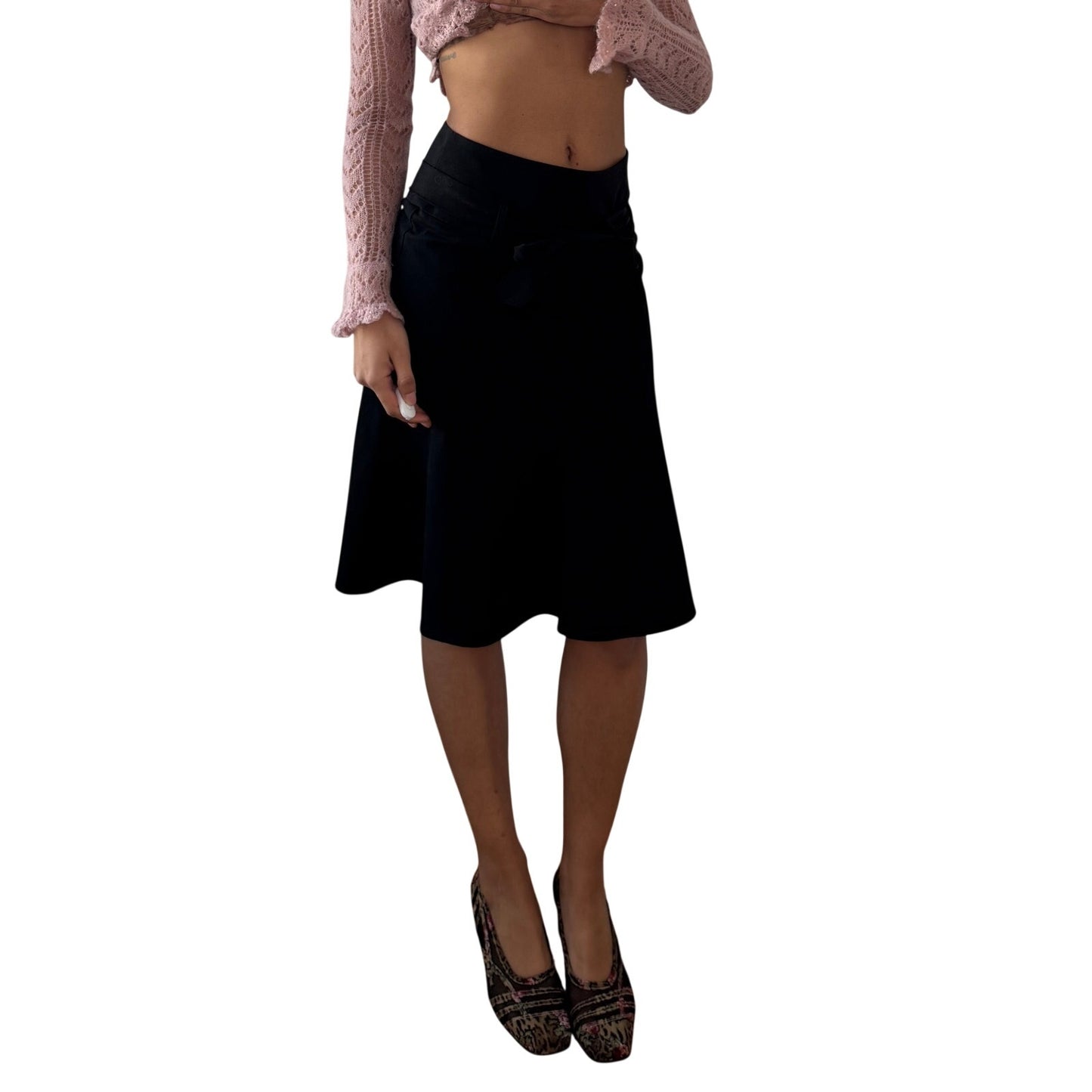 Vintage Black Bow Tie Midi Skirt Flared Y2K French (XS)