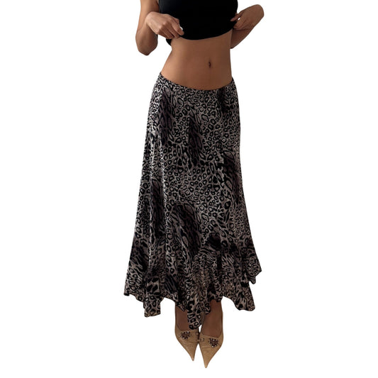 Vintage Brown Leopard Print Slinky Midi Skirt Asymmetrical Hem Y2K (S)