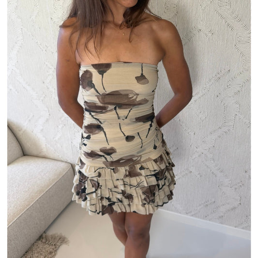 Euro Vintage Beige Brown Floral Mesh Strapless Ruched Ruffle Mini Dress