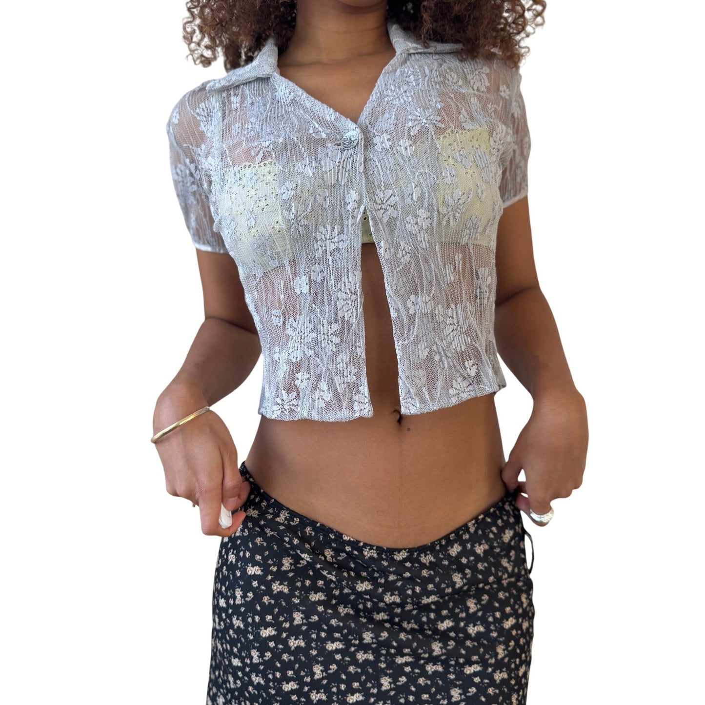 Vintage Italian sheer lace short-sleeve cardigan top (Small)