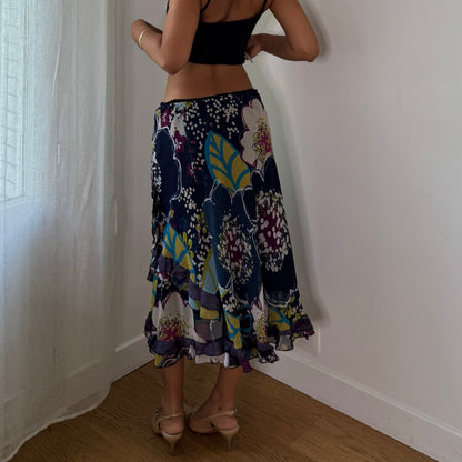 Vintage Navy Purple Blue Floral Ruffle Midi Skirt Italian Y2K (S/M)