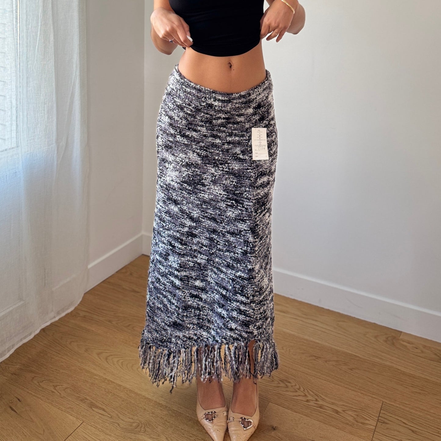 Vintage Grey Marled Knit Midi Skirt Fringe Hem Wool Blend Y2K (S)
