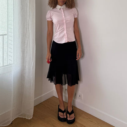 Vintage Pink White Striped Puff Sleeve Blouse Y2K (S)