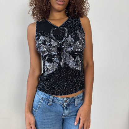 Vintage Euro black mesh sequin butterfly top (Small)