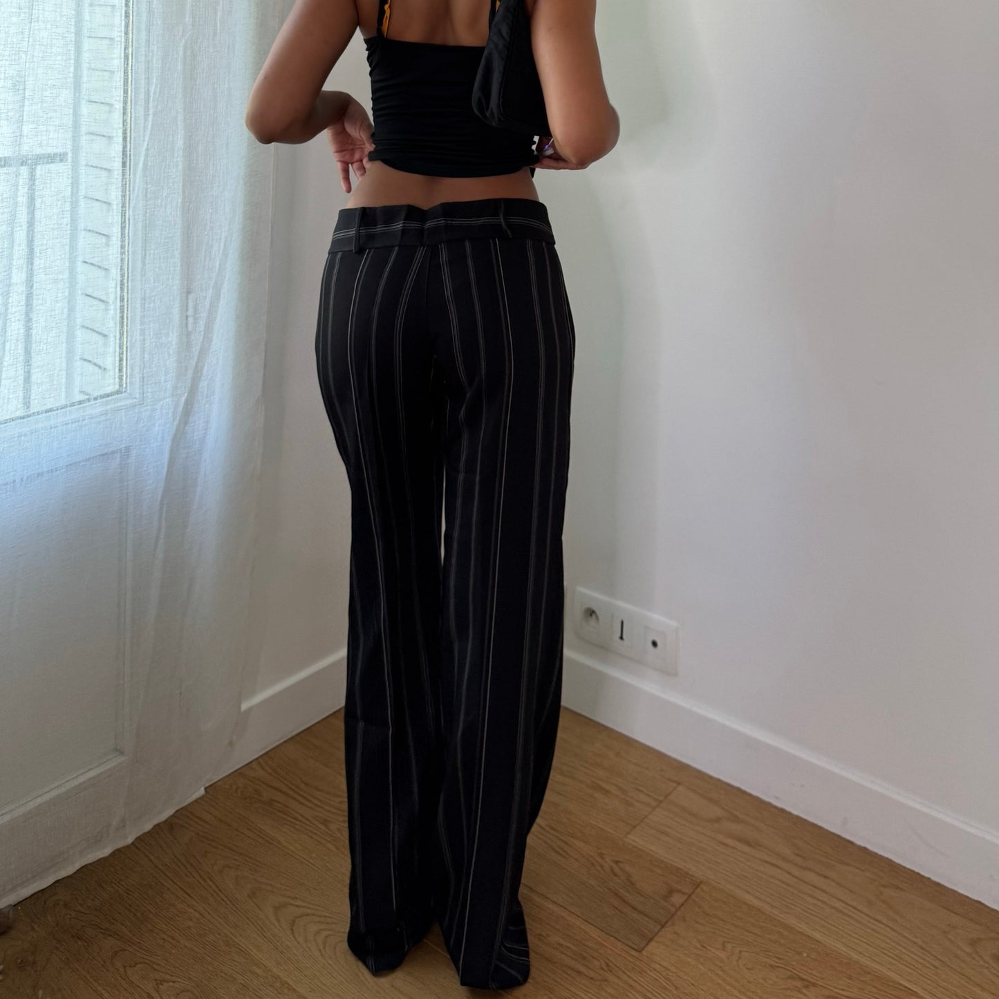 Vintage Black White Pinstripe Low Rise Flare Trousers Y2K (S)