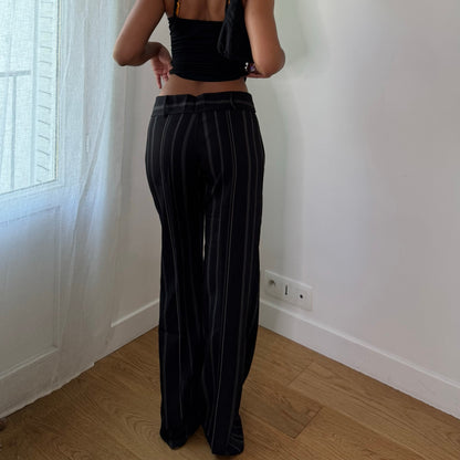 Vintage Black White Pinstripe Low Rise Flare Trousers Y2K (S)