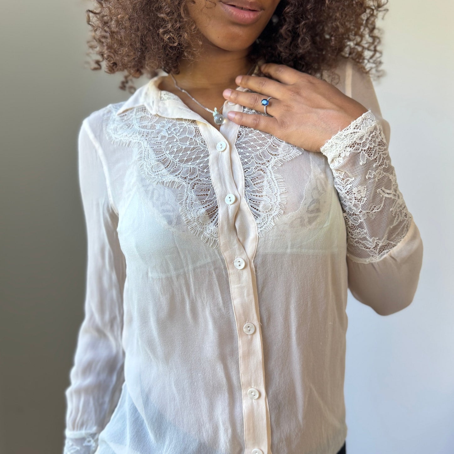 Vintage euro Ivory Sheer Lace-Panel Button Blouse with Lace Cuffs (S)