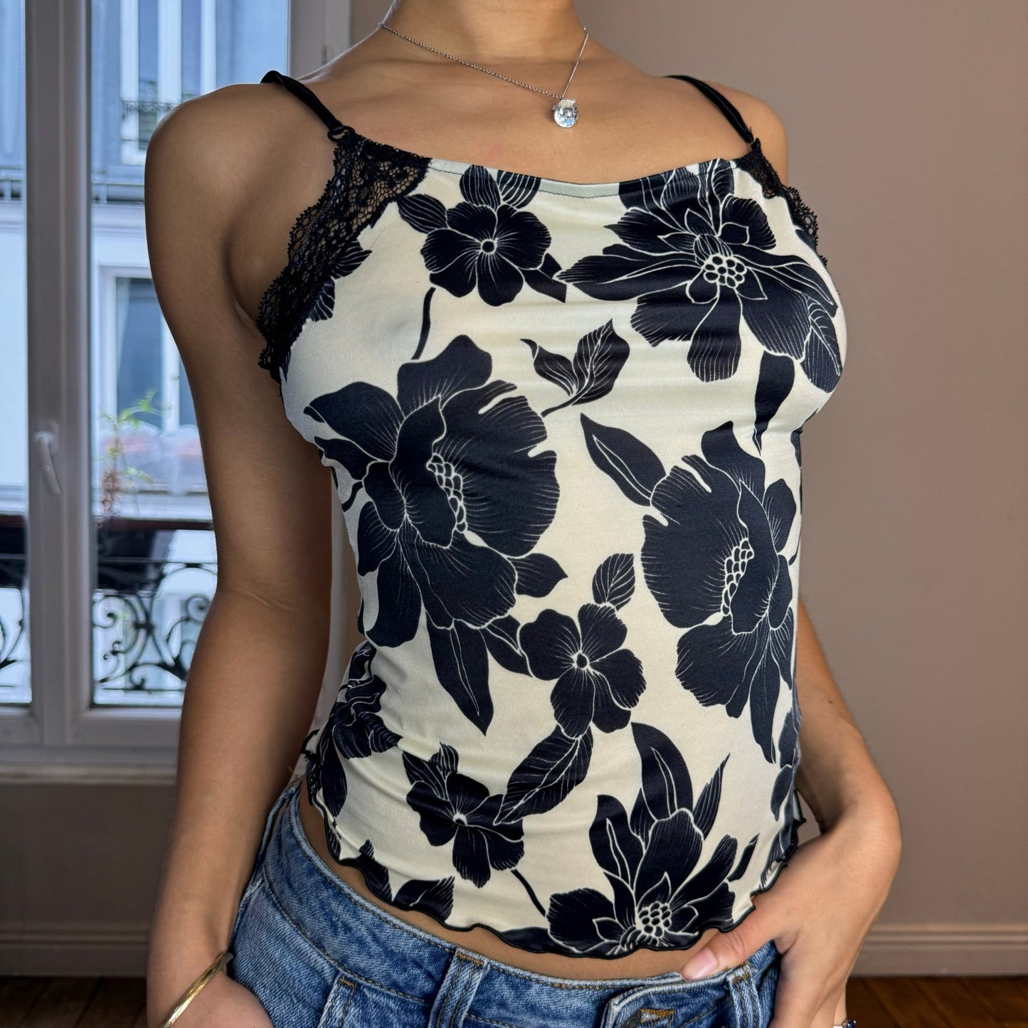 Vintage 00s Slinky Floral graphic Cami Tank (S)