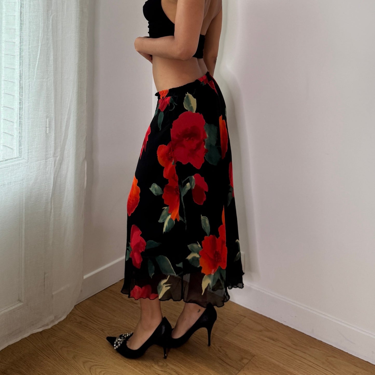Vintage Black Red Rose Mesh Midi Skirt Sheer Floral Y2K Skirt (S) ⠀
