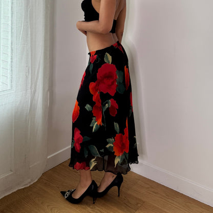 Vintage Black Red Rose Mesh Midi Skirt Sheer Floral Y2K Skirt (S) ⠀